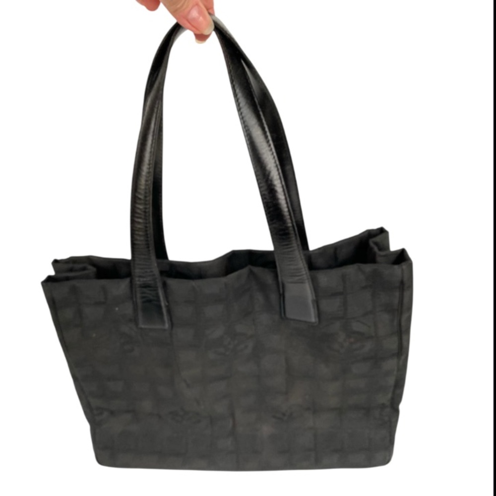 Chanel Vintage Black Canvas Travel Tote Leather Handles Fair Condition